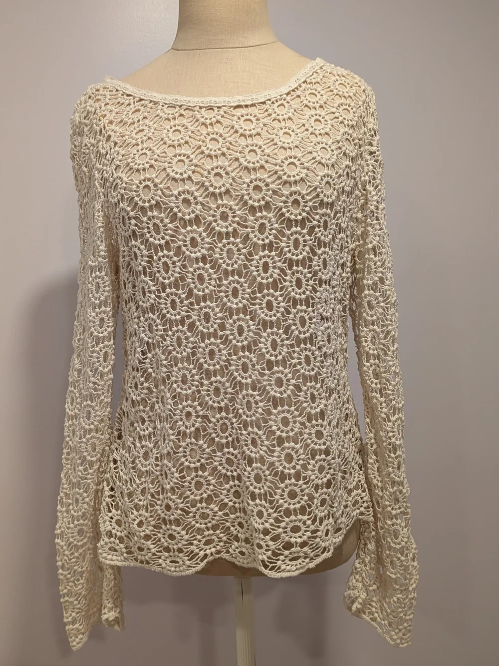 Adiva Crochet Boho Beach Top | Cream Long Sleeve, Granola Cottagecore Vacation - Picture 1 of 6